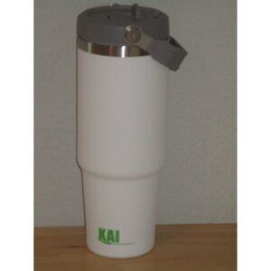 Kai Stainless Steel White Insulated Tumbler With Green Lettering Cold and Hot